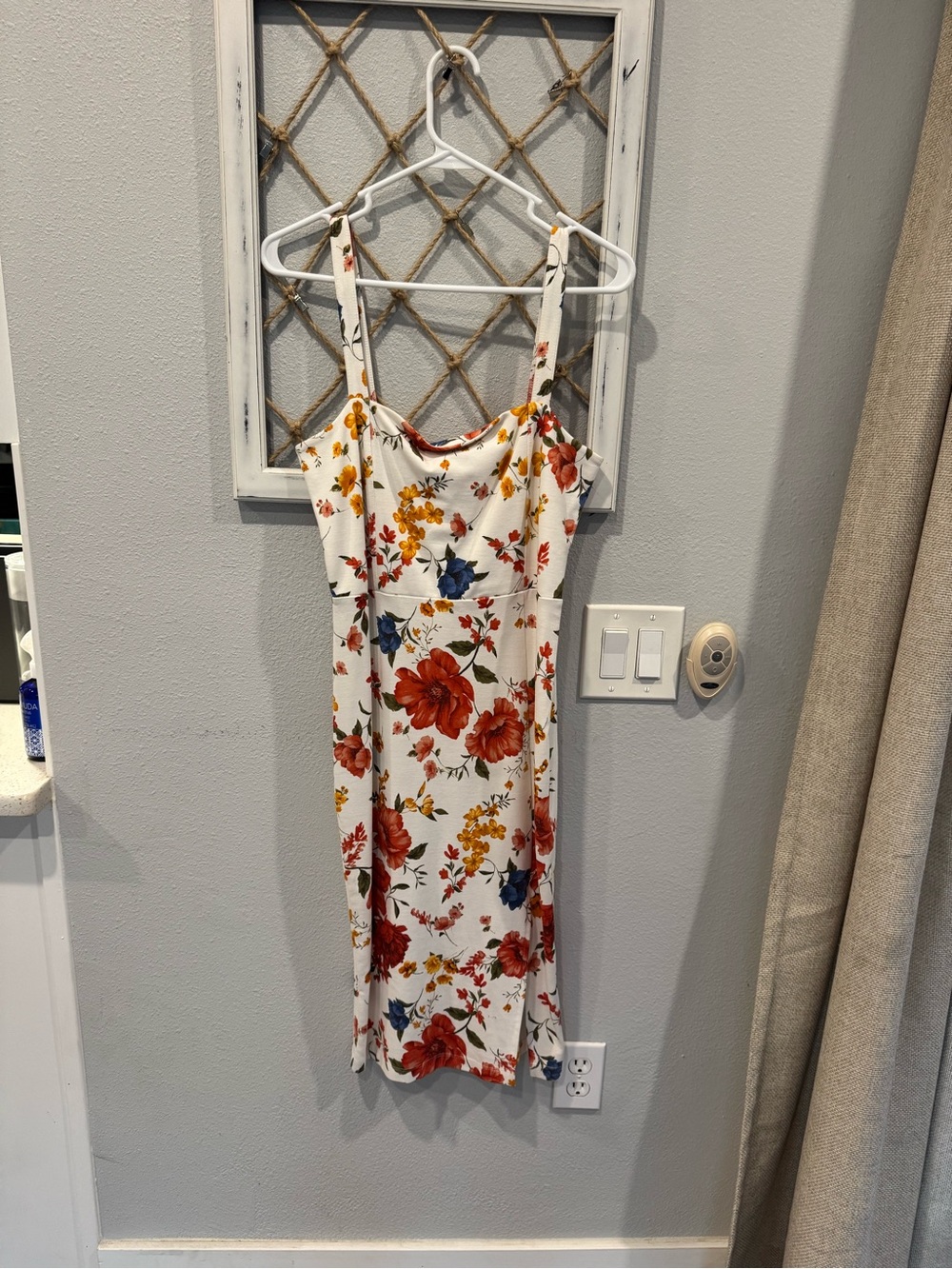Forever 21 White Midi Dress with Red, Blue & Yellow Floral Print